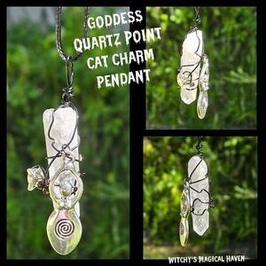 Goddess Charm Clear Quartz Point Cat Charm Pendant